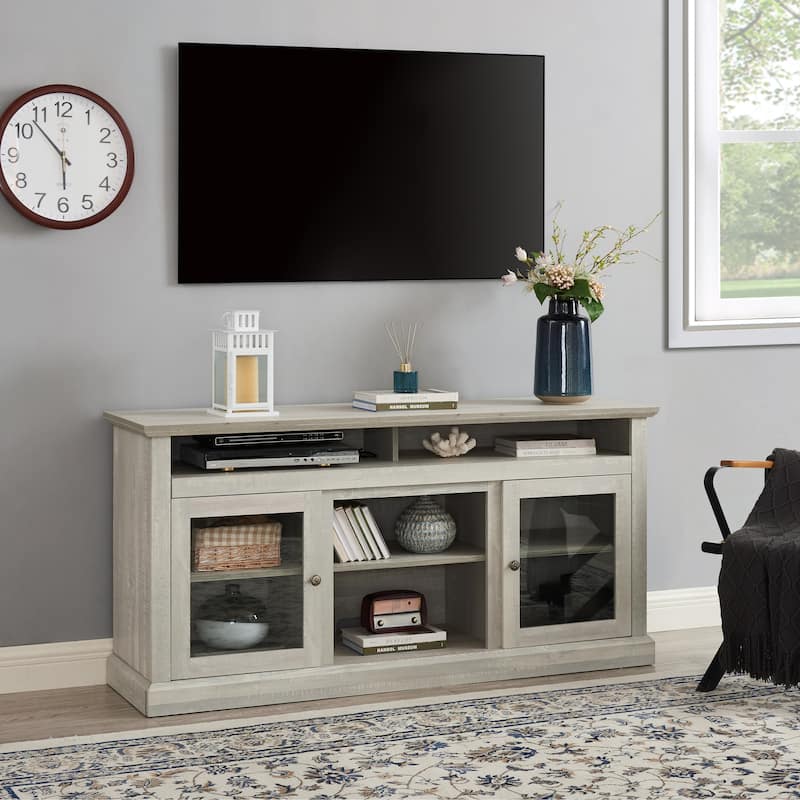 Wooden TV Media Stand, Console Table with Open Storage Space, Entertainment Center with 2 Glass Doors and Shelves - Stone Gray