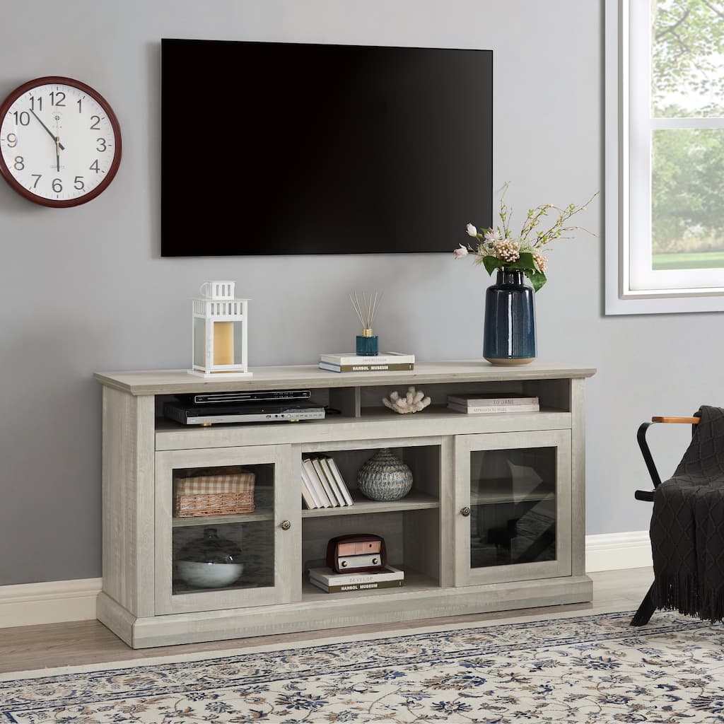 Wooden TV Media Stand, Console Table with Open Storage Space, Entertainment Center with 2 Glass Doors and Shelves