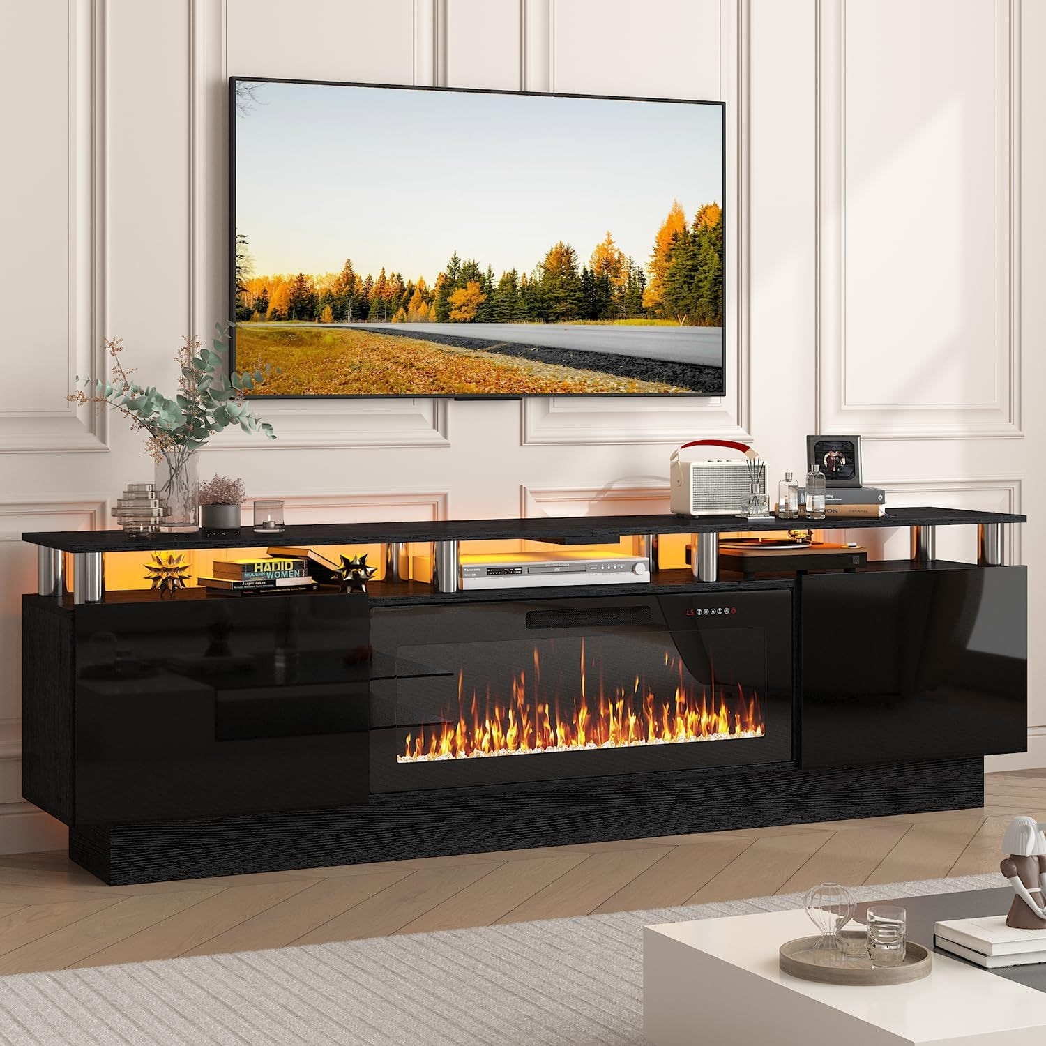 BOSSIN 70" Modern Electric Fireplace TV Stand, with Electronic Flame and LED Lights, High Gloss Finish Entertainment Center
