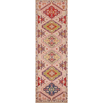 Geometric Kazak Oriental Runner Rug Hallway Handmade Wool Carpet - 2'6" x 9'10"
