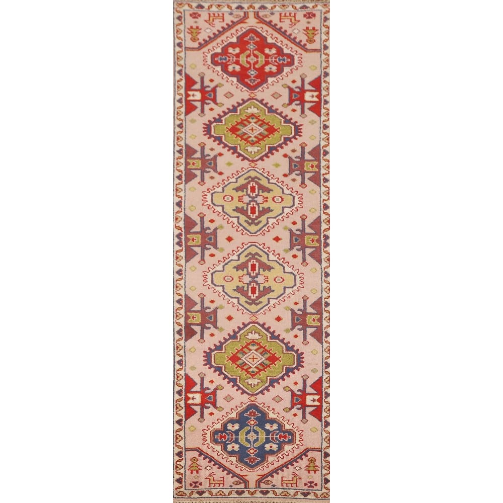 Geometric Kazak Oriental Runner Rug Hallway Handmade Wool Carpet - 2'6" x 9'10"