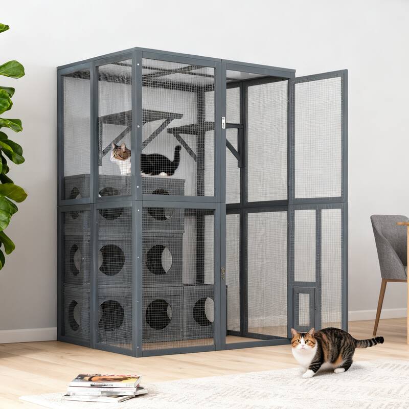 Catio Outdoor Cat Enclosure, Wooden Cat House with Double Enter Doors & Climbing shelves, Cat Cage Playpen with 7 Wood Boxes