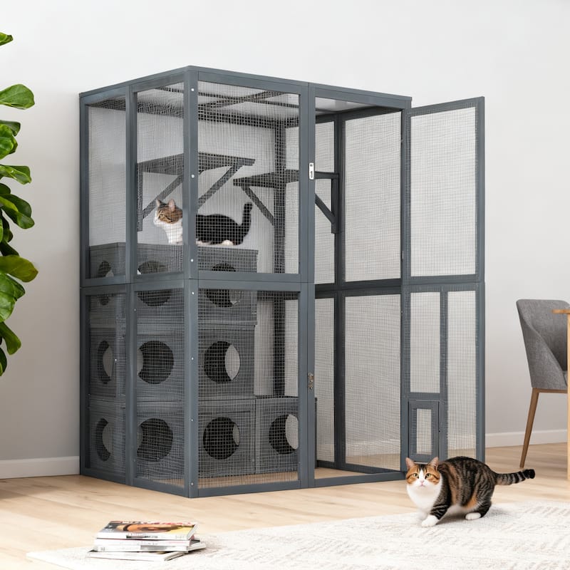Outdoor Cat Catio Enclosure with Double Enter Doors & Climbing shelves, Weatherproof Pine Wood Playground with 7 Wood Boxes - Grey