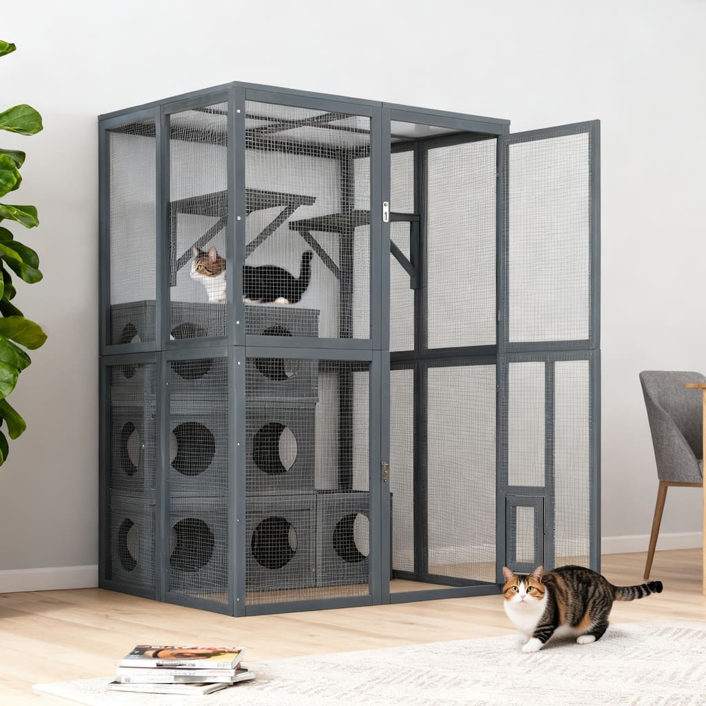 Outdoor Cat Catio Enclosure with Double Enter Doors & Climbing shelves, Weatherproof Pine Wood Playground with 7 Wood Boxes