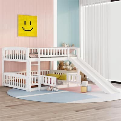 Bunk Bed with Slide,Full Over Full Low Bunk Bed with Fence and Ladder for Toddler Kids Teens