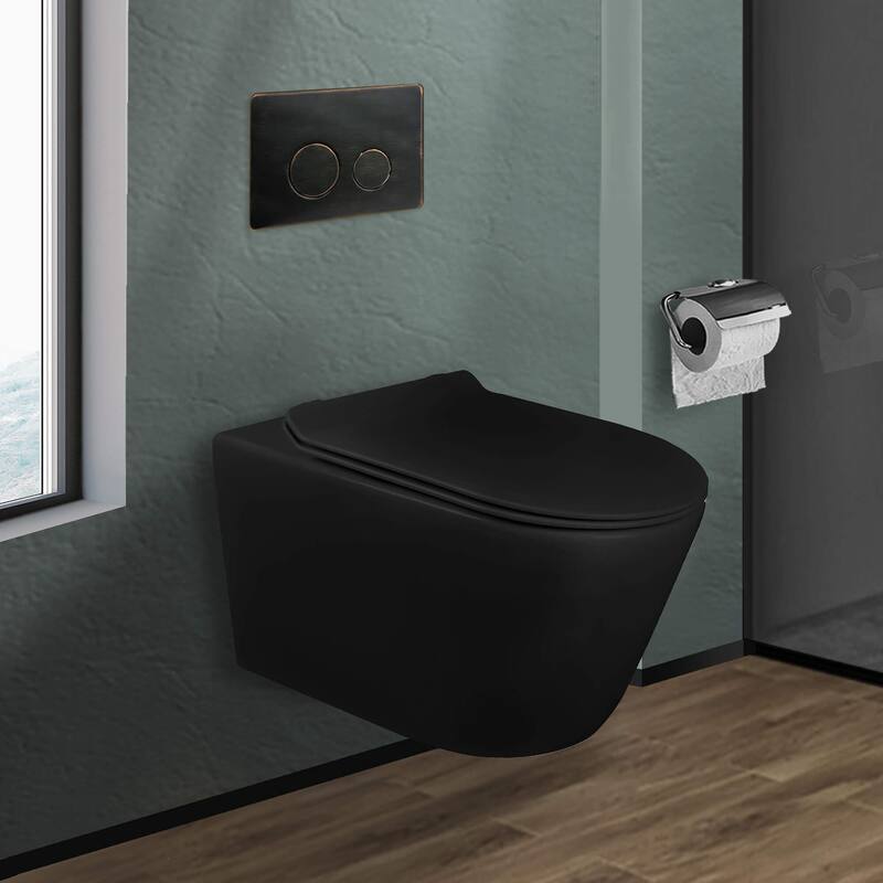In-Wall toilet Combo Set - Toilet, Tank (2 x 4 Wall), Carrier System - Oil Rubbed Bronze Round - Push Plates (Metal) - Black Bowl