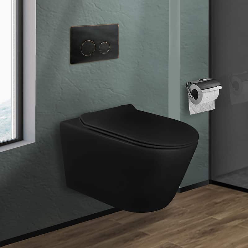 In-Wall toilet Combo Set - Toilet, Tank (2 x 6 Wall), Carrier System - Oil Rubbed Bronze Round - Push Plates (Metal) - Black Bowl