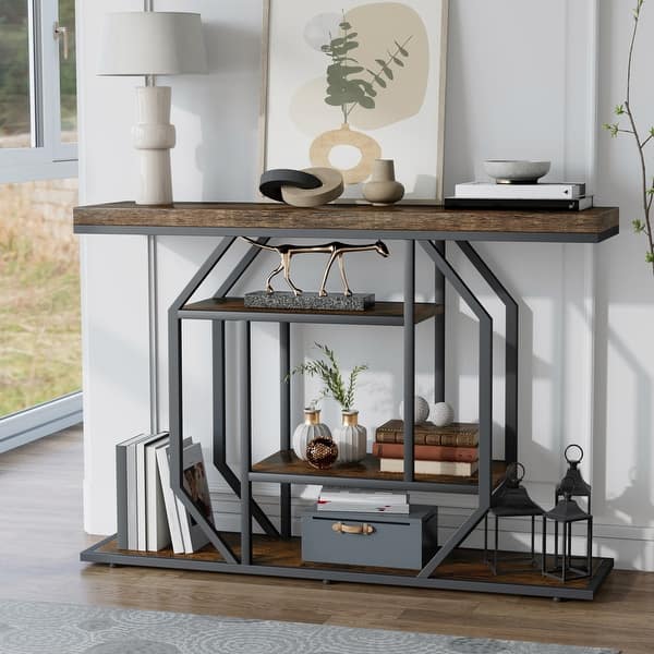 slide 2 of 17, Console Table Industrial 4-Tier Entryway Table Narrow Wood Accent Tables with Storage Shelves for Living Room, Hallway, Foyer Black and Rustic Brown