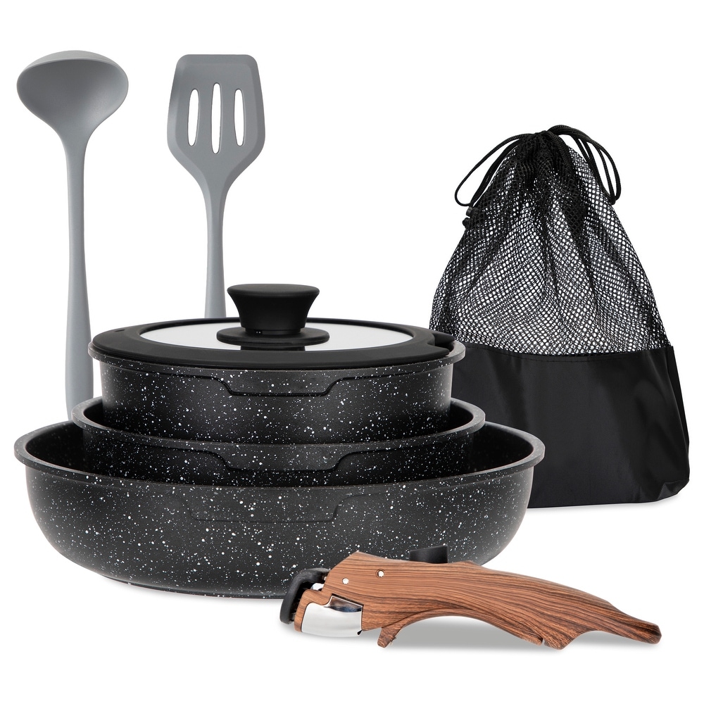 10Pcs Stackable Camping Cookware Set Nonstick Pot and Pans Set Detachable  Handle