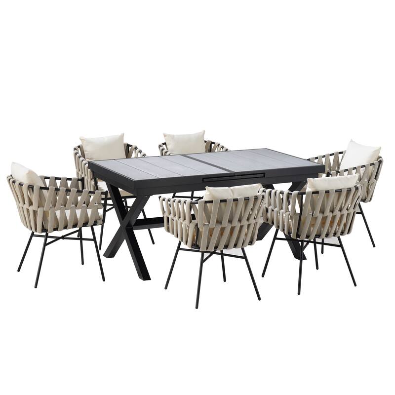 7-Piece Outdoor Extendable Dining Set with Extendable Table and 6 Woven Chair