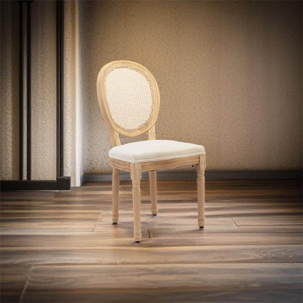 Solid Wood Frame Antique Painting Linen Fabric Rattan Back Dining Chair Set of 2