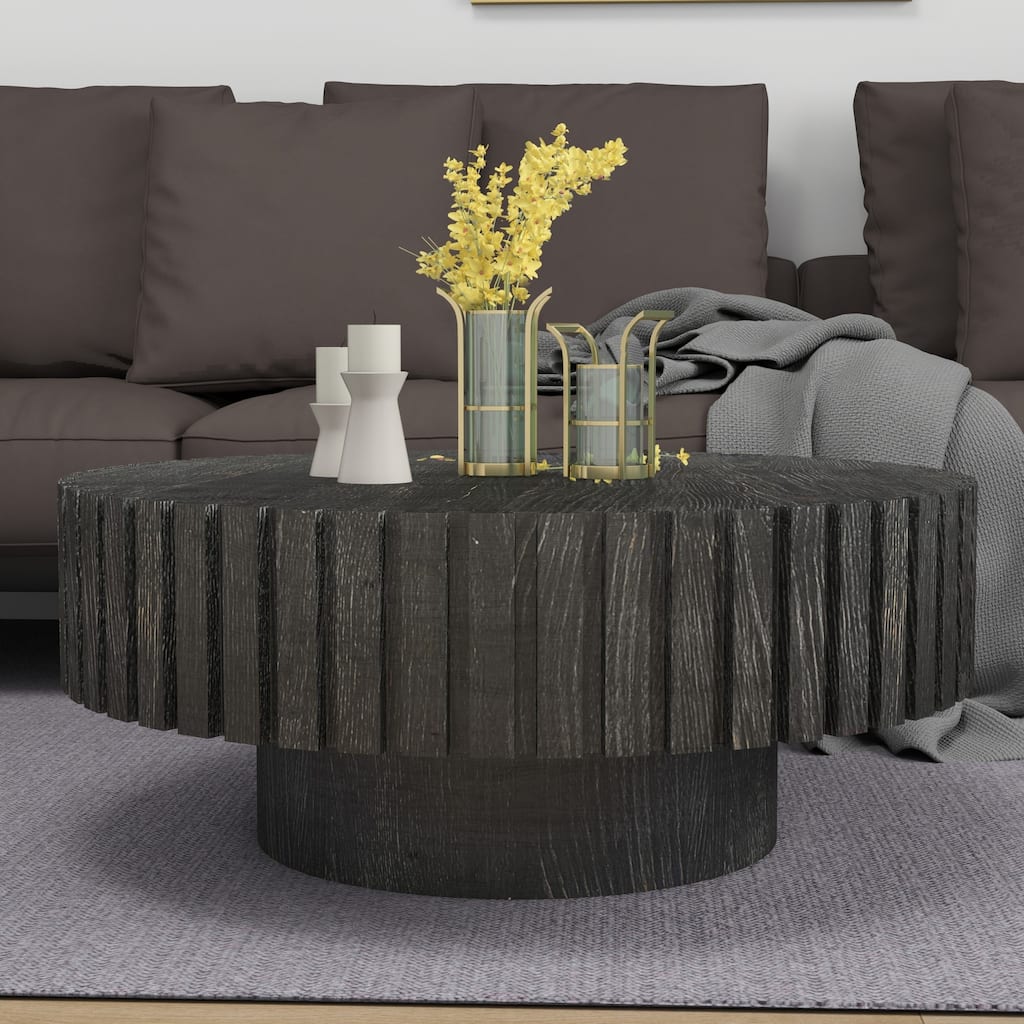 31.4‘’ Modern Minimalist Circular Natural Wood Color and Texture Black Coffee Table