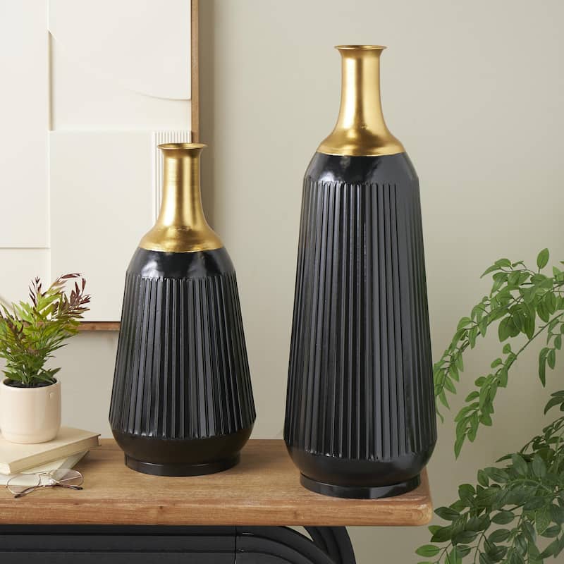 Metal Tall Ribbed Decorative Vase with Gold Tops - Set of 2 Black - Roche River Decor