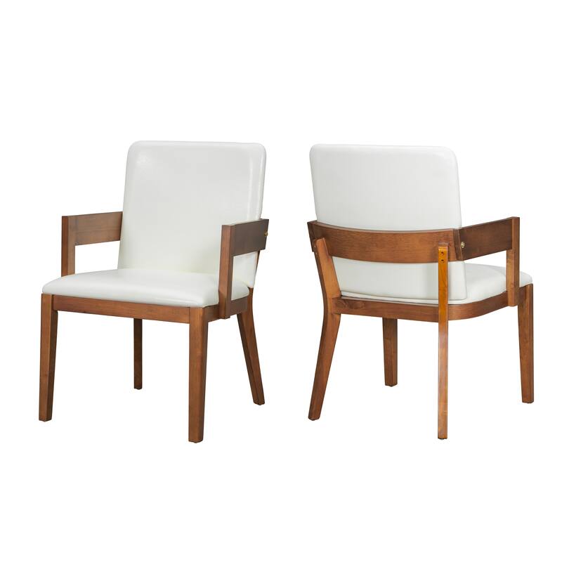 Modern Walnut Wood & White Glossy PU Leather Upholstered Dining Chairs Set of 2 - Walnut+White