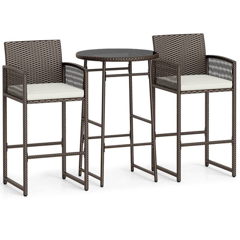 Costway 3 Piece Wicker Patio Bar Set with 2 Seat Cushions Glass - See Details