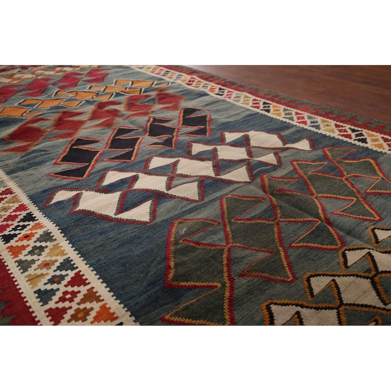 Kilim Qashqai Persian Vintage Rug Hand-Woven Blue Wool Carpet - 4'9"x 8'9"