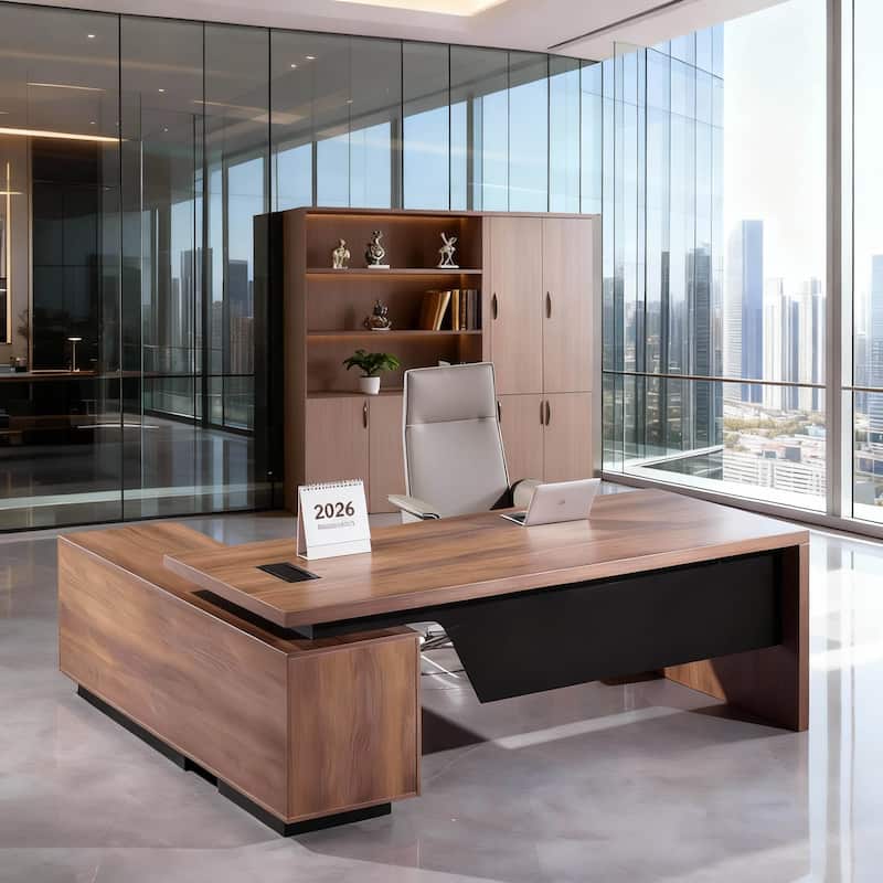 WESOME Retractable L-Shaped Executive Desk with Cable Management Drawers and Lateral File Cabinet - 70.86 - 78.7 IN - Right Return