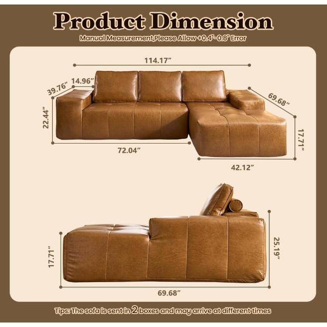 Brown Faux Leather L-Shaped Sectional Sofa with Chaise, Deep Seat Cloud Couch - No Assembly Required