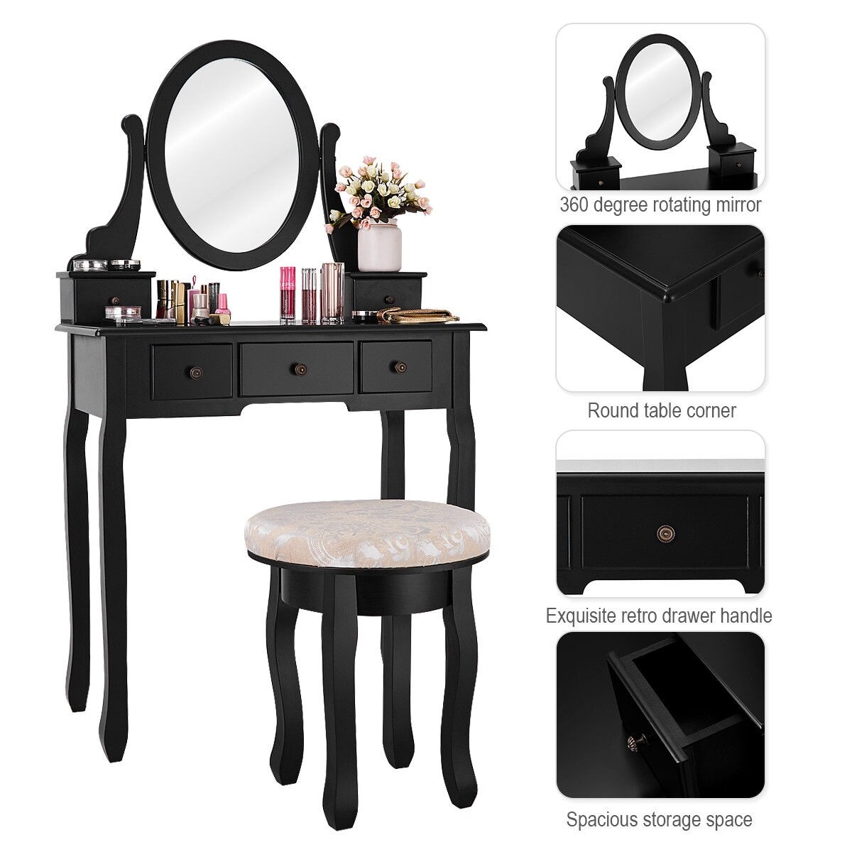 5 Drawer Makeup Table Set Vanity Dressing Table Desk Oval Mirror W Stool Cherry