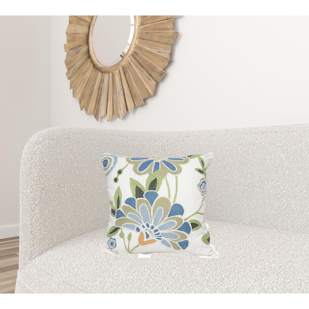 HomeRoots 18"x18" Blue and White 100% Cotton Floral Zippered Pillow