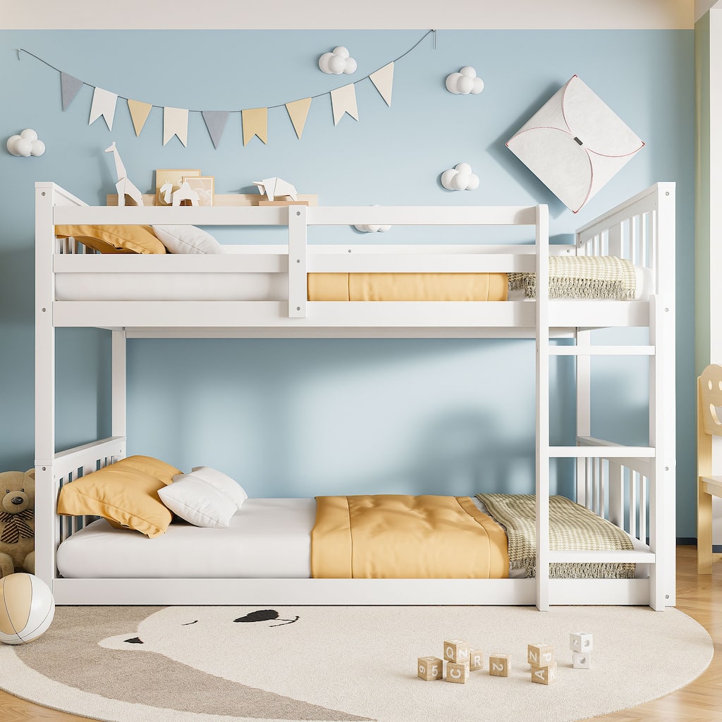 White Twin Over Twin Bunk Bed with Ladder, Space-Saving Design