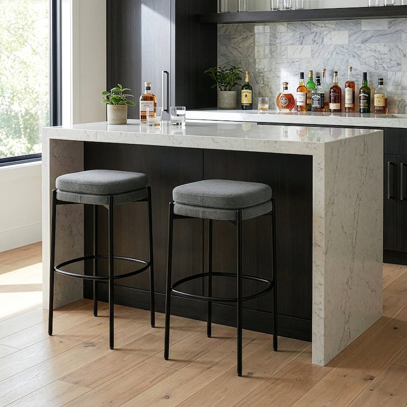 Set of 2 Avril Gray Boucle Backless Bar Stool with Black Metal Legs