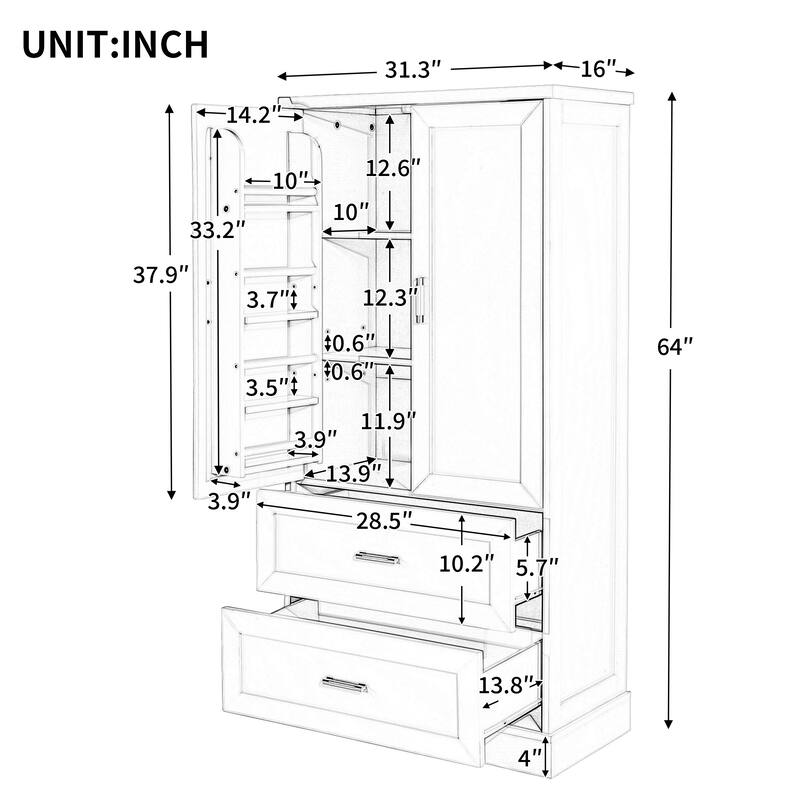 Tall Bathroom Storage Cabinet with Two Doors and Drawers, Adjustable Shelf, MDF Board