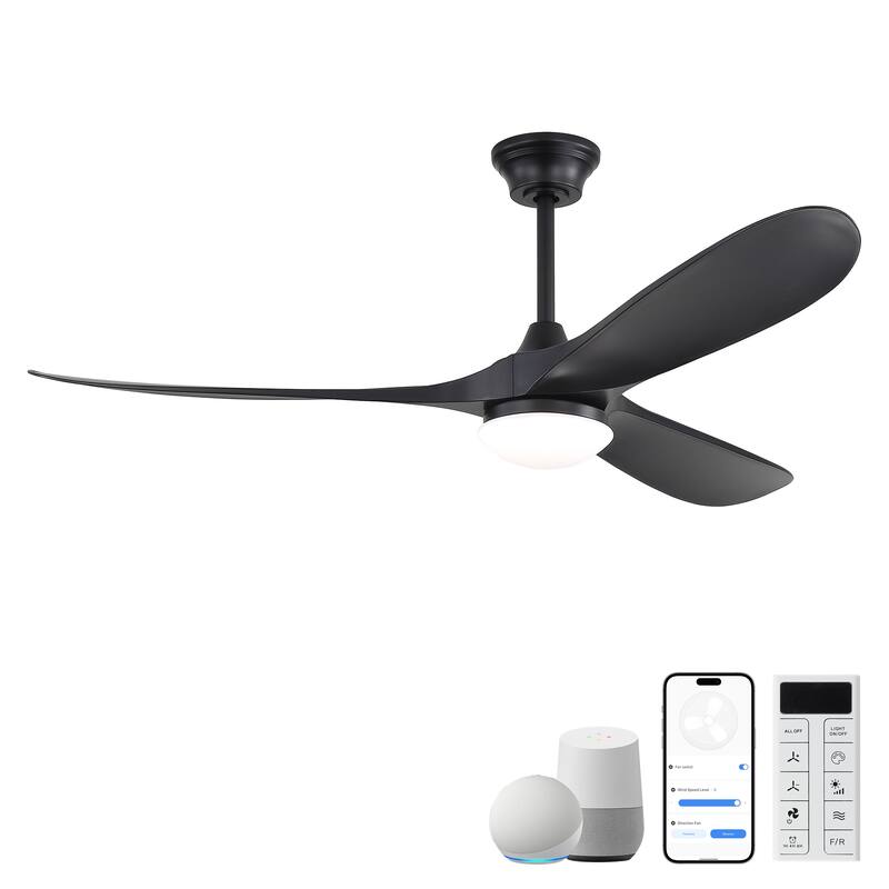 60 Inch Ceiling Fan with Lights, 3 ABS Fan Blades, Quiet Energy Efficient DC Motor, Smart App & Remote Control - 60 Inches - Black