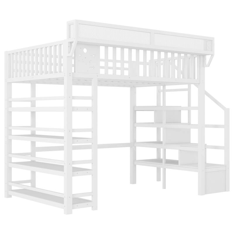 Full Size Metal Loft Bed with Charging Station and 4-Shelf Storage, Kids & Teens Loft Bed with Storage Stairs