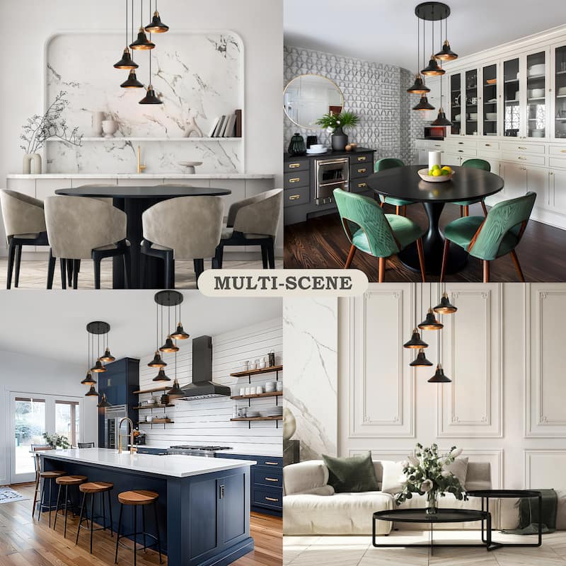 Modern Farmhouse 5-Light Black Brass Metal Chandelier with Bowl-Shaped Pendant Lights for Kitchen Dining Room - 20" D x 7" H