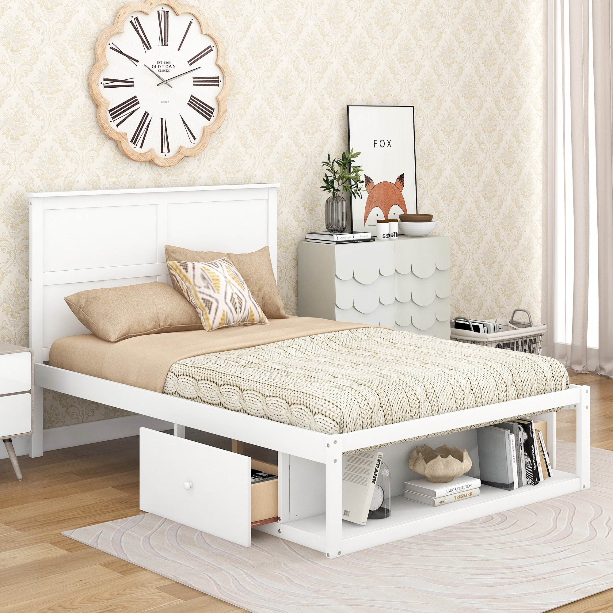 Full size bed outlet frame with storage