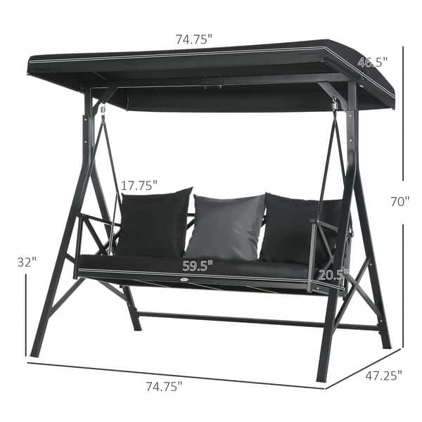 dimension image slide 1 of 2, Outsunny 3-Seat Patio Swing Chair, Outdoor Canopy Swing Glider with Cushion with 3 Throw Pillows & Adjustable Shade for Porch