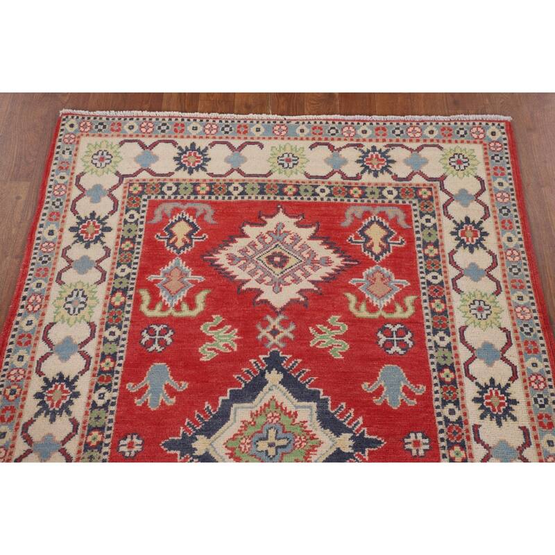 Geometric Kazak Accent Rug Handmade Red Wool Carpet - 3'4" x 5'0"