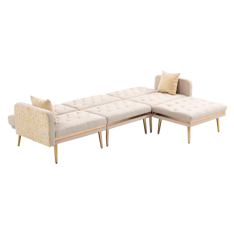 Polyester Upholstered Tufted Sleeper L-Shaped Sectional Sofa With Ottoman