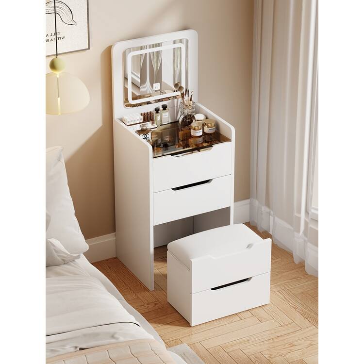 3 in 1 Vanity Desk with Plip Top Mirror,Small Make Up Vanity Set with Visible Glass Desktop,3 Drawers,Cushioned Tool