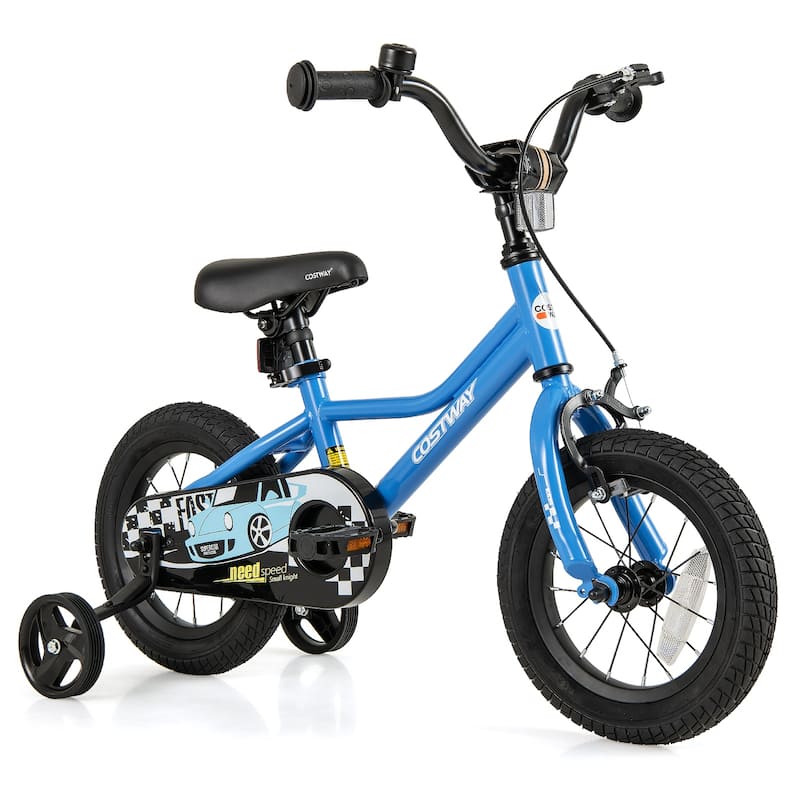 Blue Children's Bike with Dual Brake System Enclosed Chain Guard and Training Wheels
