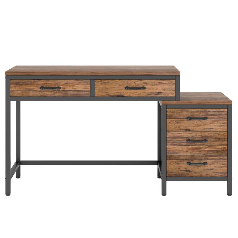 51" Reversible Computer Desk with 5 Drawers and File Cabinet, Office Desk with Printer Stand, Writing Table with Storage