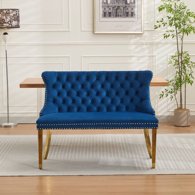 Roomfitters Upholstered Loveseat Bench with Nailhead Trim and Gold Legs, Modern High Back Settee for Dining Room