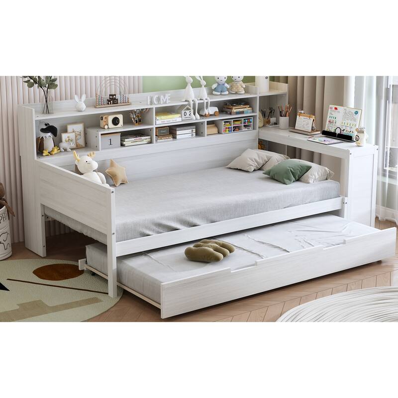 Twin Size Daybed with Storage Shelves, Trundle Bed, and Study Desk