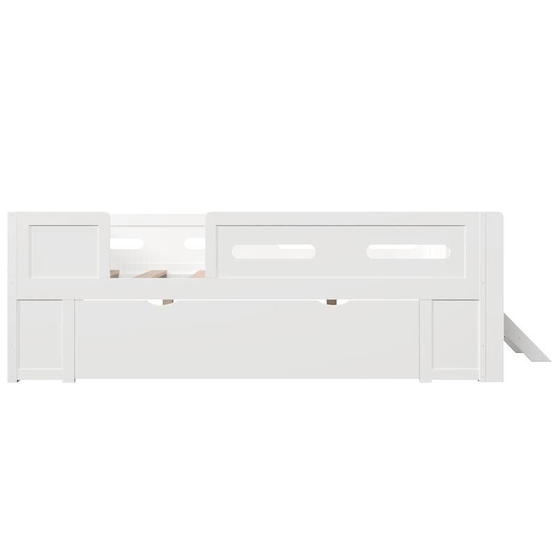 Roomfitters Full/Twin Size Wood Platform Bed with Underbed Storage Drawer and Safety Guardrails, Modern Low Loft Frame