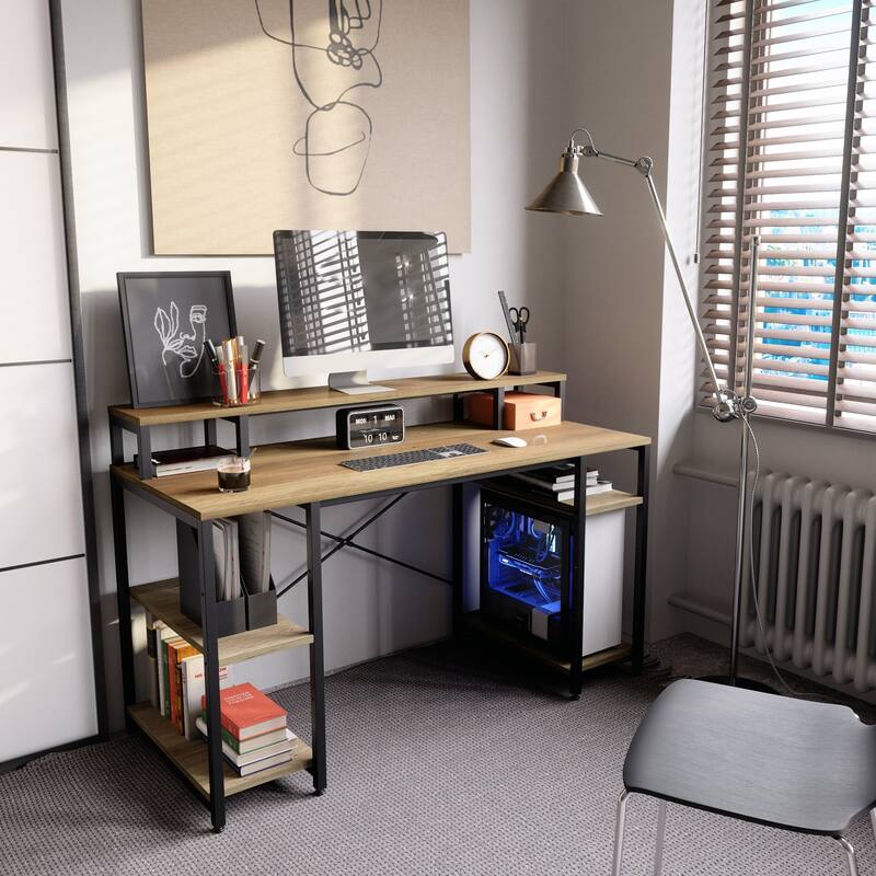55 Inch Dual Monitor Computer Desk with Adjustable Shelves - Retro Oak