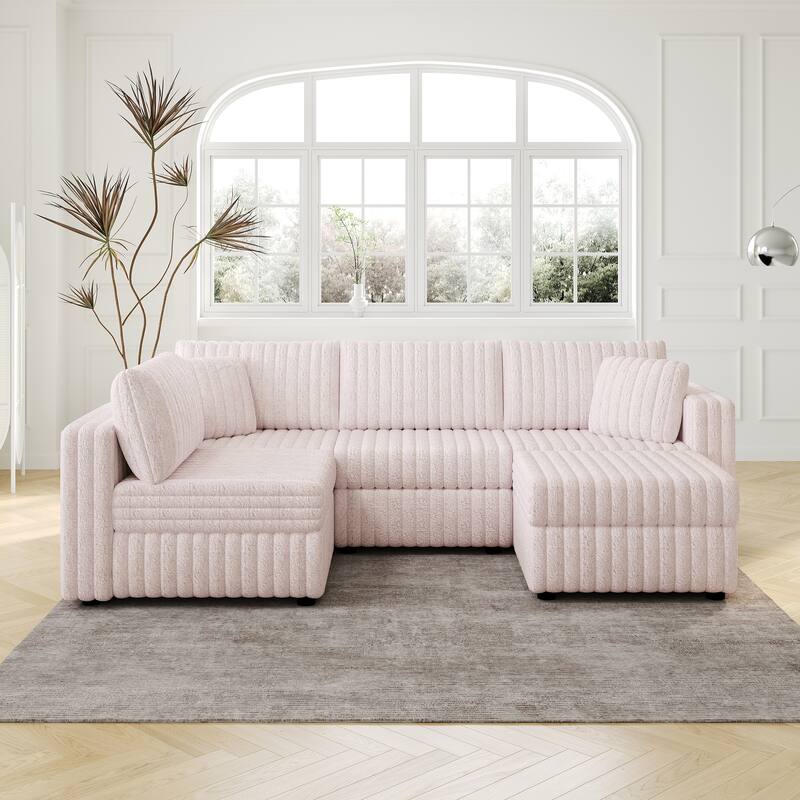 106.3" Soft U-shaped 4-Person Modular Sofa with Ottoman, Light Pink, Metal Frame - Multi-Color