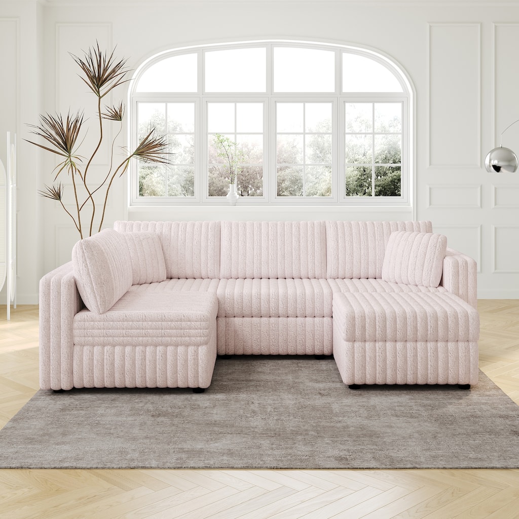 106.3" Soft U-shaped 4-Person Modular Sofa with Ottoman, Light Pink, Metal Frame
