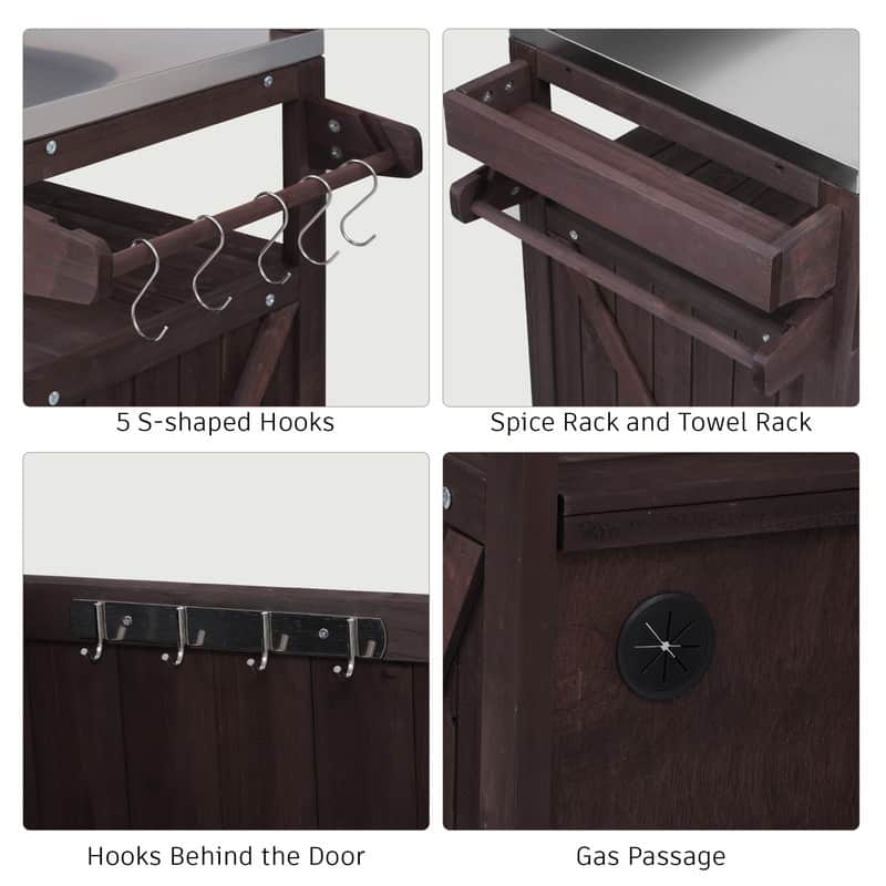 Outdoor Kitchen Island, Solid Wood Storage Cabinet with Stainless Steel Top and Lockable Wheels