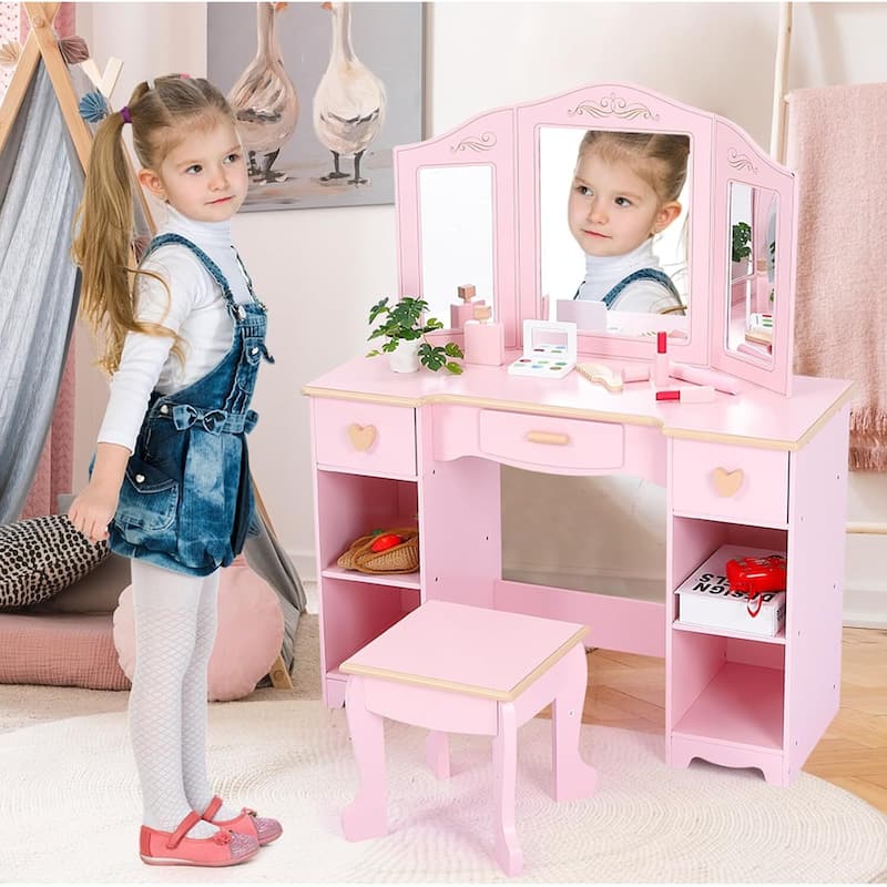 Kids Princess Luxury Vanity Dressing Table and Stool Set for Girls Best Gift, Pink