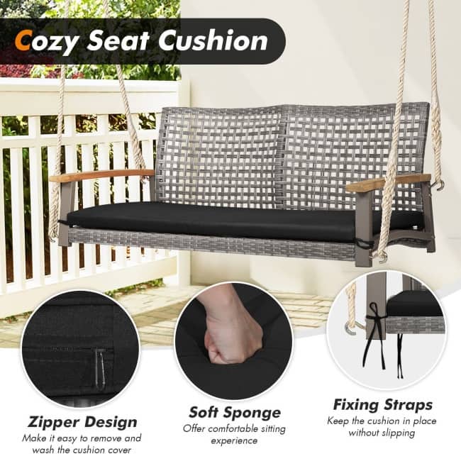 2-Person Patio Wicker Hanging Swing Chair - 55" x 27" x 21.5" (L x W x H)