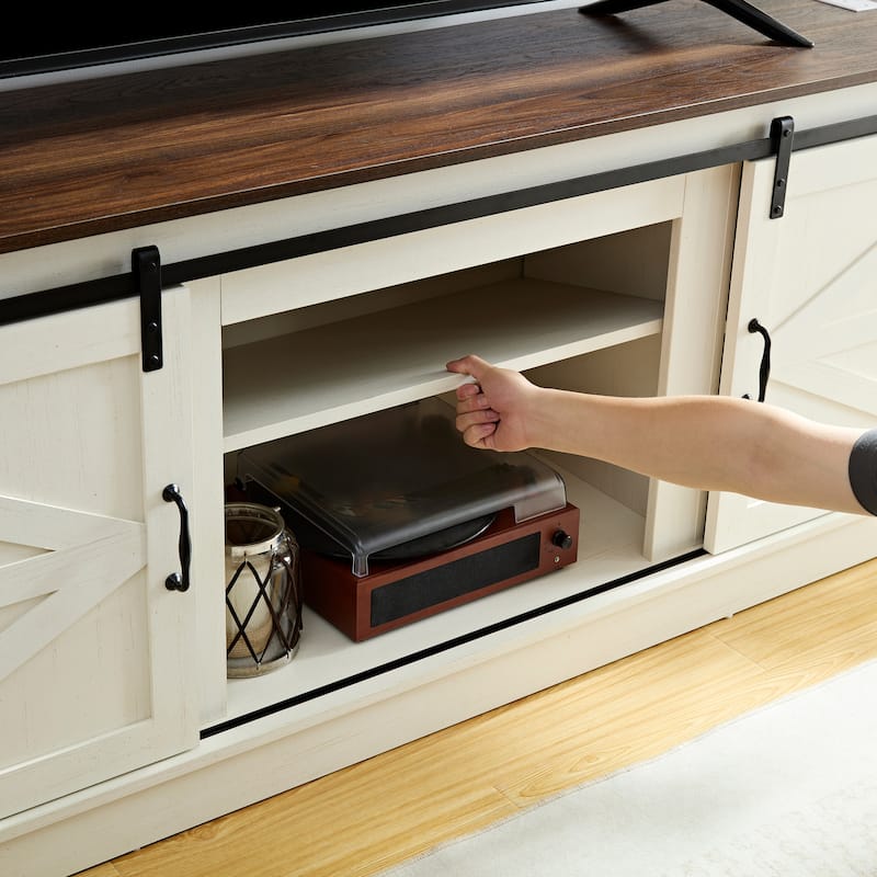 Farmhouse TV Stand Entertainment Center with Outlets - White+Walnut