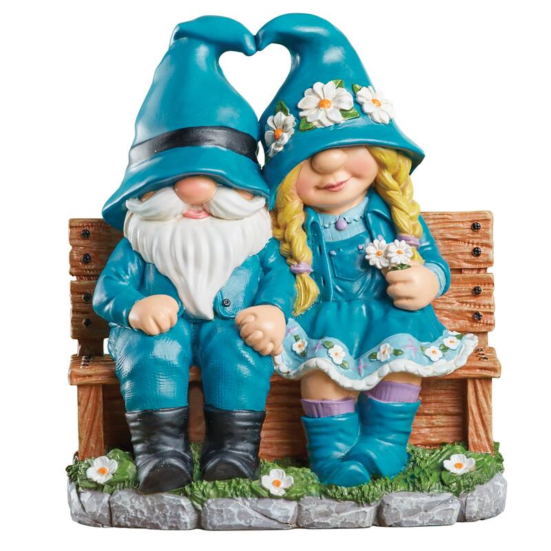 Hand-Painted Gnome Couple on a Bench Garden Statue - 8.37 x 9.5 x 4.63