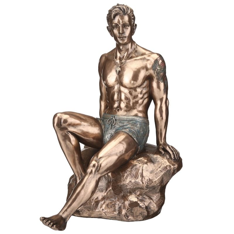 8.46 inches Height Cold Cast Bronze Tattooed Male Sitting on Rock Beach Pinup Bronze Finish Figurine