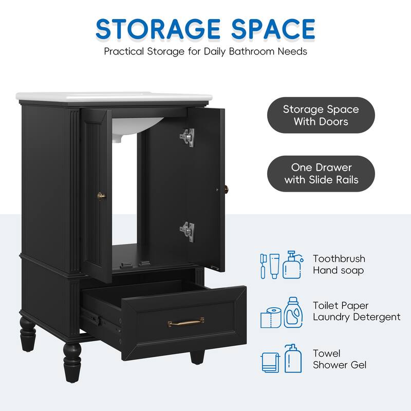 20" Bathroom Vanity with Sink, Bathroom Cabinet with Two Doors, Magnetic Door Stopper and Adiustable Foot Pads, A Drawer, Black
